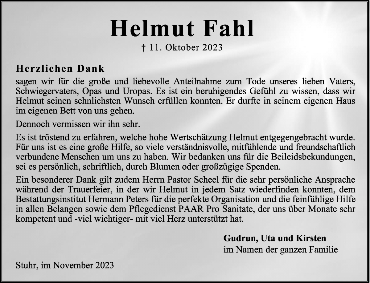 Traueranzeige von Helmut Fahl von WESER-KURIER