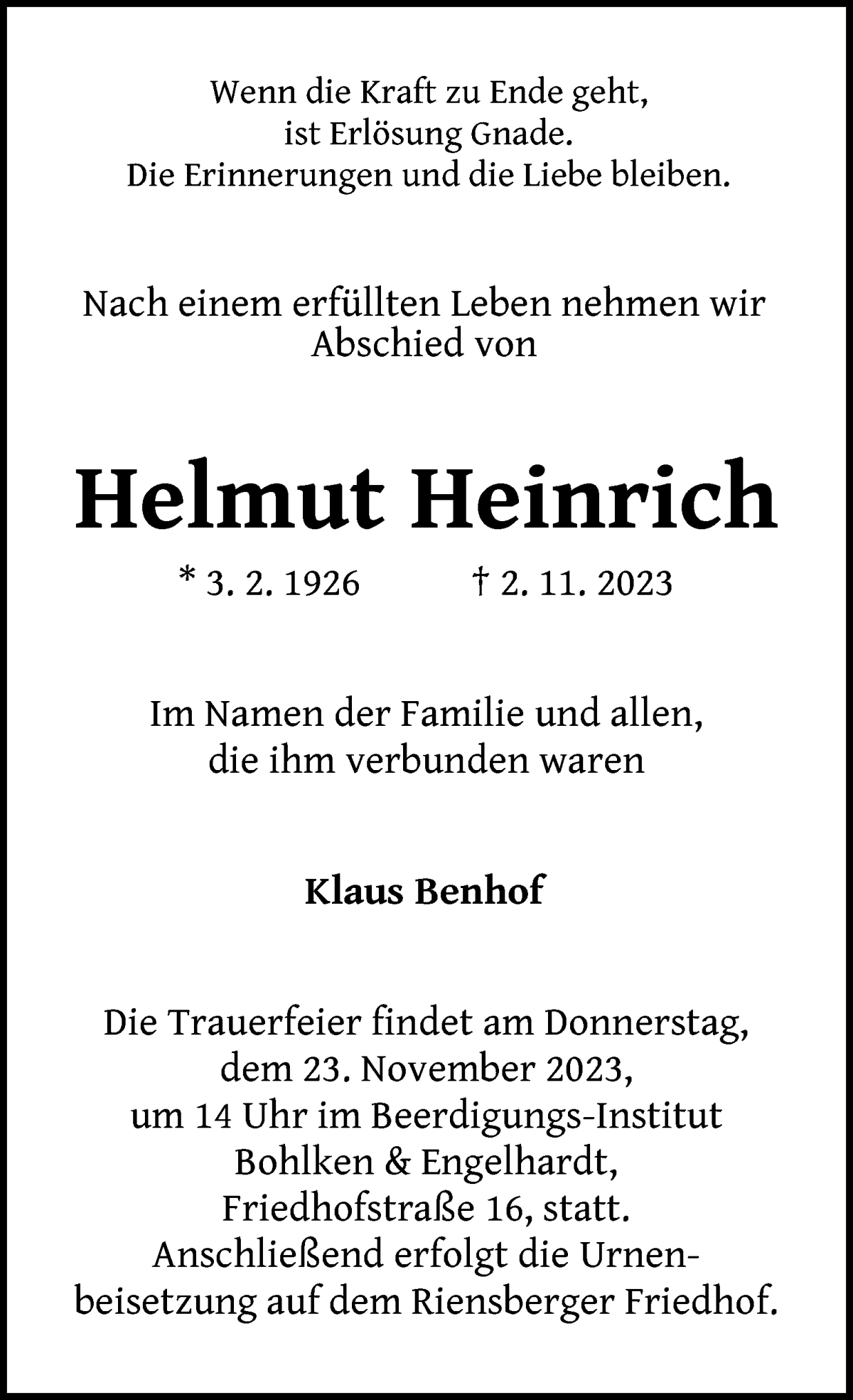 Traueranzeige von Helmut Heinrich von WESER-KURIER