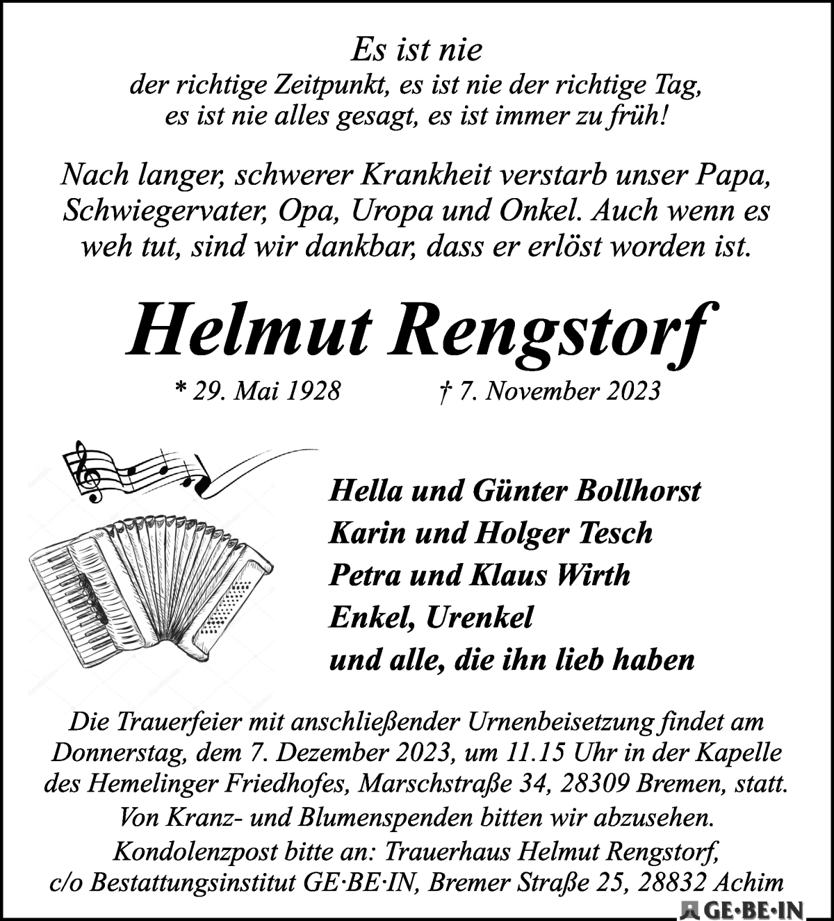 Traueranzeige von Helmut Rengstorf von WESER-KURIER