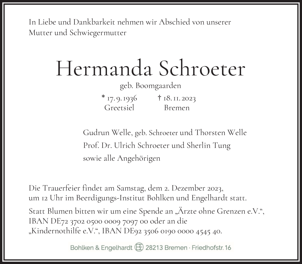 Traueranzeige von Hermanda Schroeter von WESER-KURIER