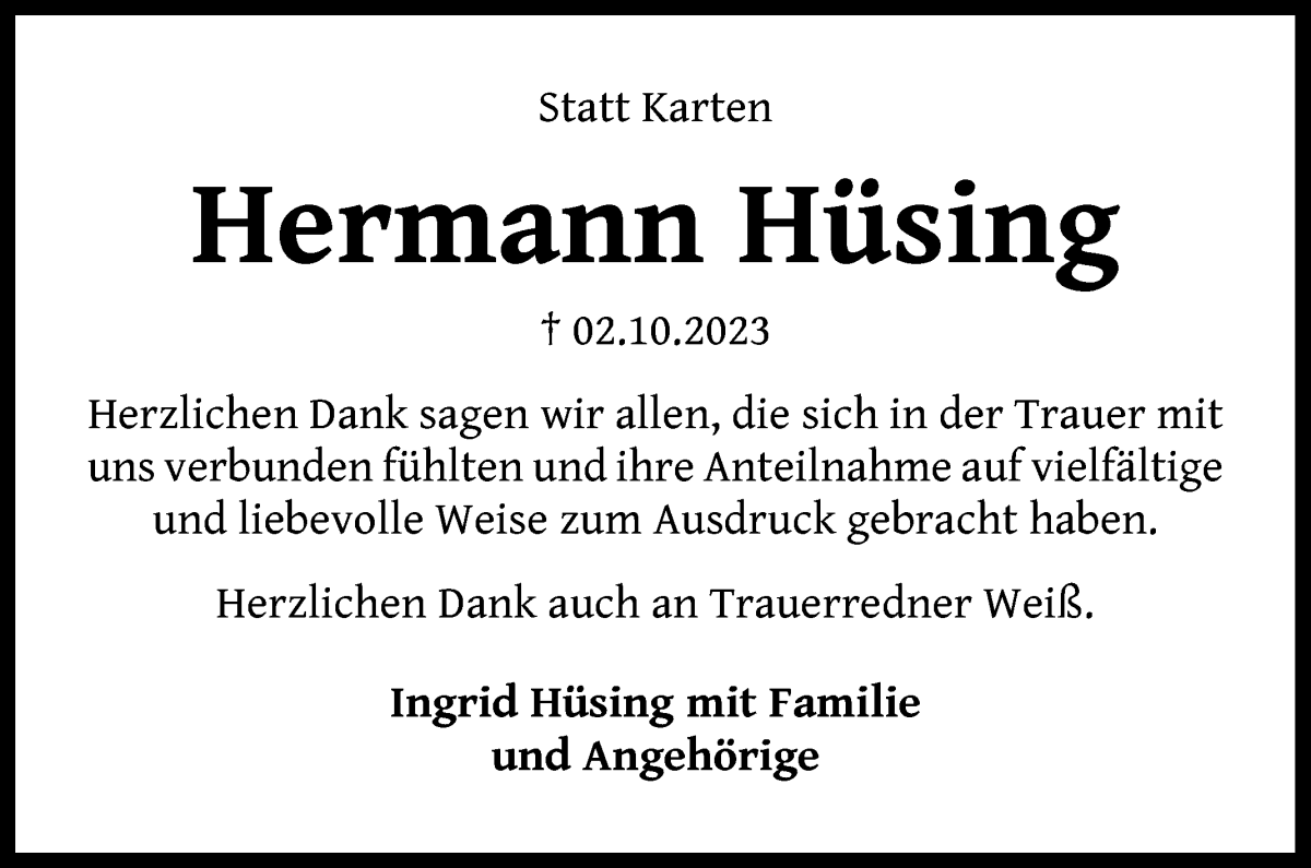 Traueranzeige von Hermann Hüsing von WESER-KURIER