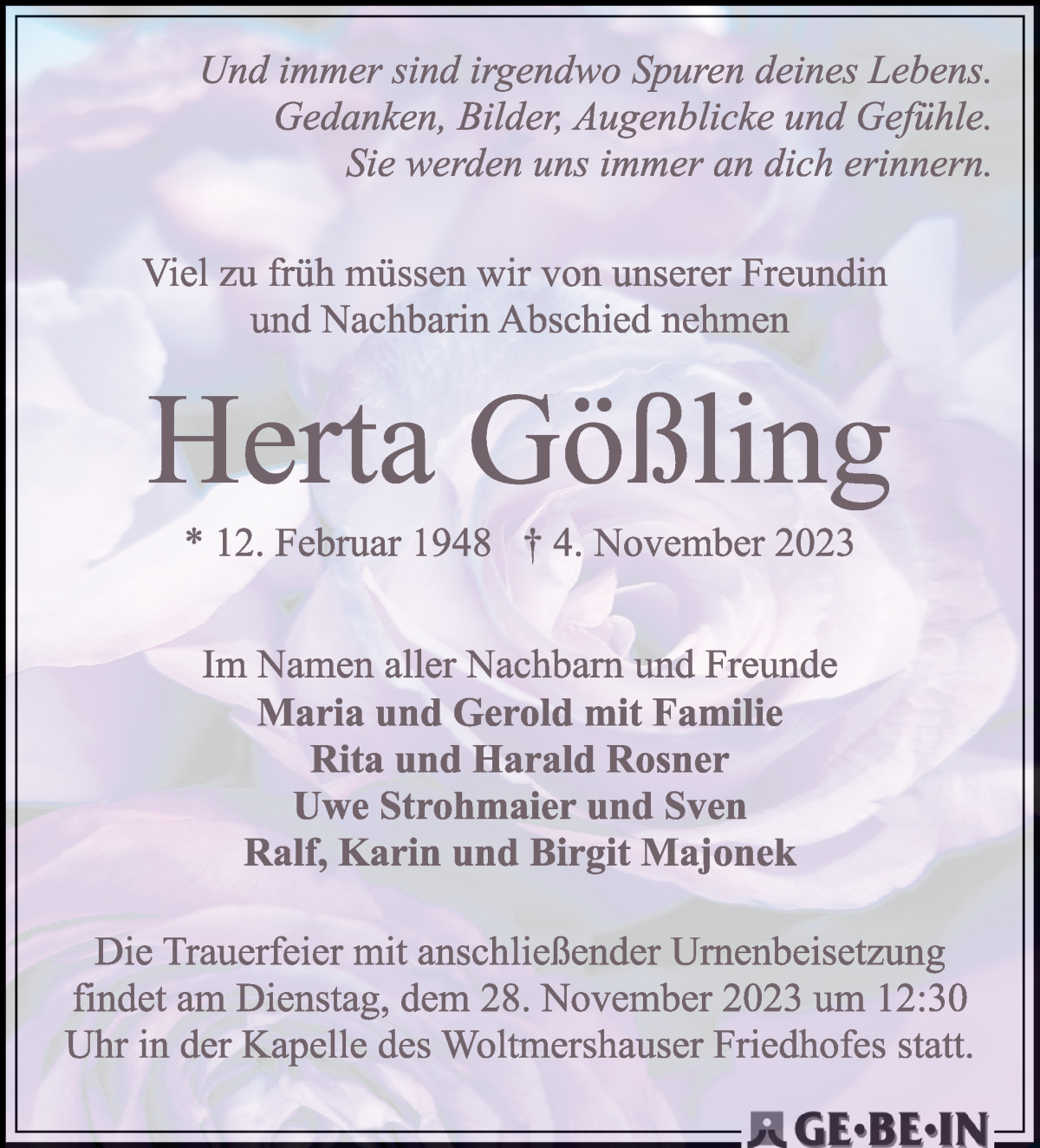 Traueranzeige von Herta Gößling von WESER-KURIER