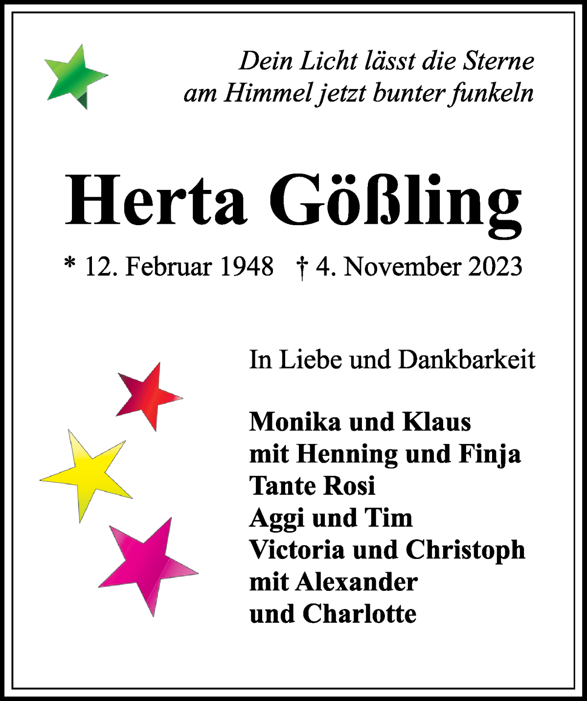 Traueranzeige von Herta Gößling von WESER-KURIER