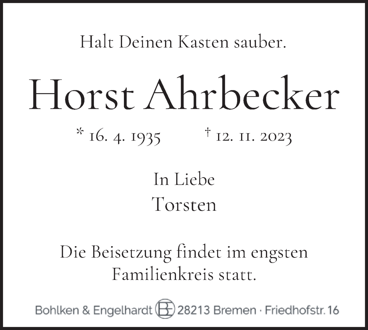 Traueranzeige von Horst Ahrbecker von WESER-KURIER