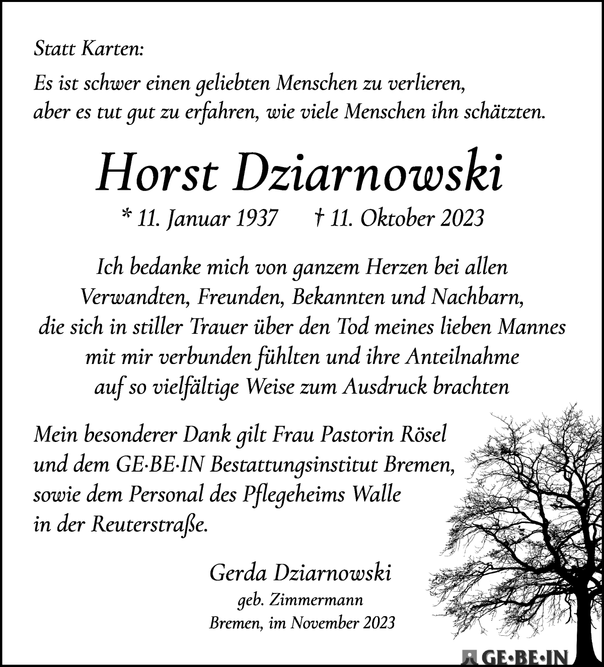 Traueranzeige von Horst Dziarnowski von WESER-KURIER