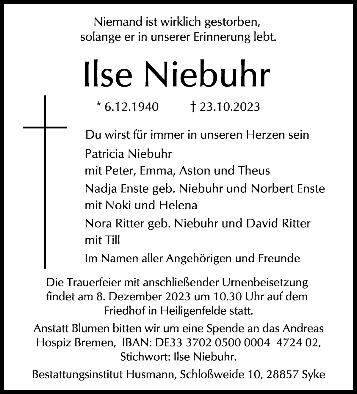 Traueranzeige von Ilse Niebuhr von WESER-KURIER