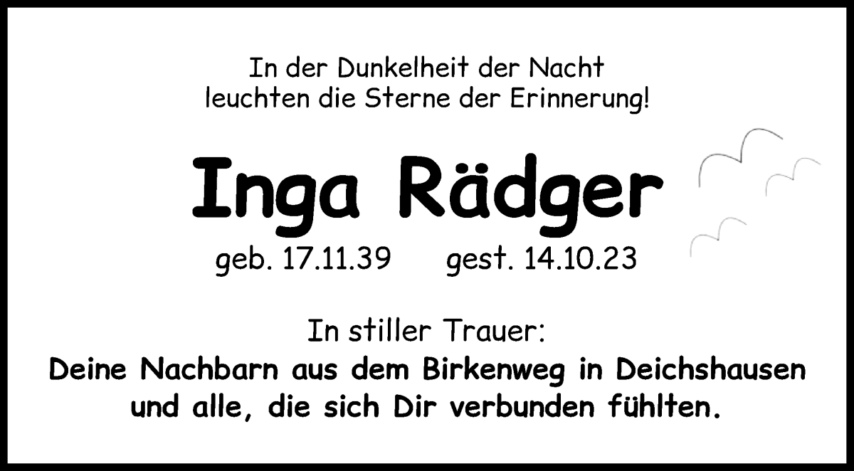 Traueranzeige von Inga Rädger von Die Norddeutsche