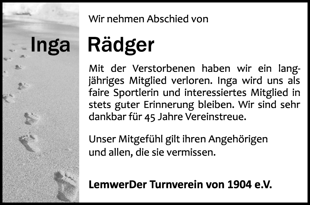 Traueranzeige von Inga Rädger von Die Norddeutsche