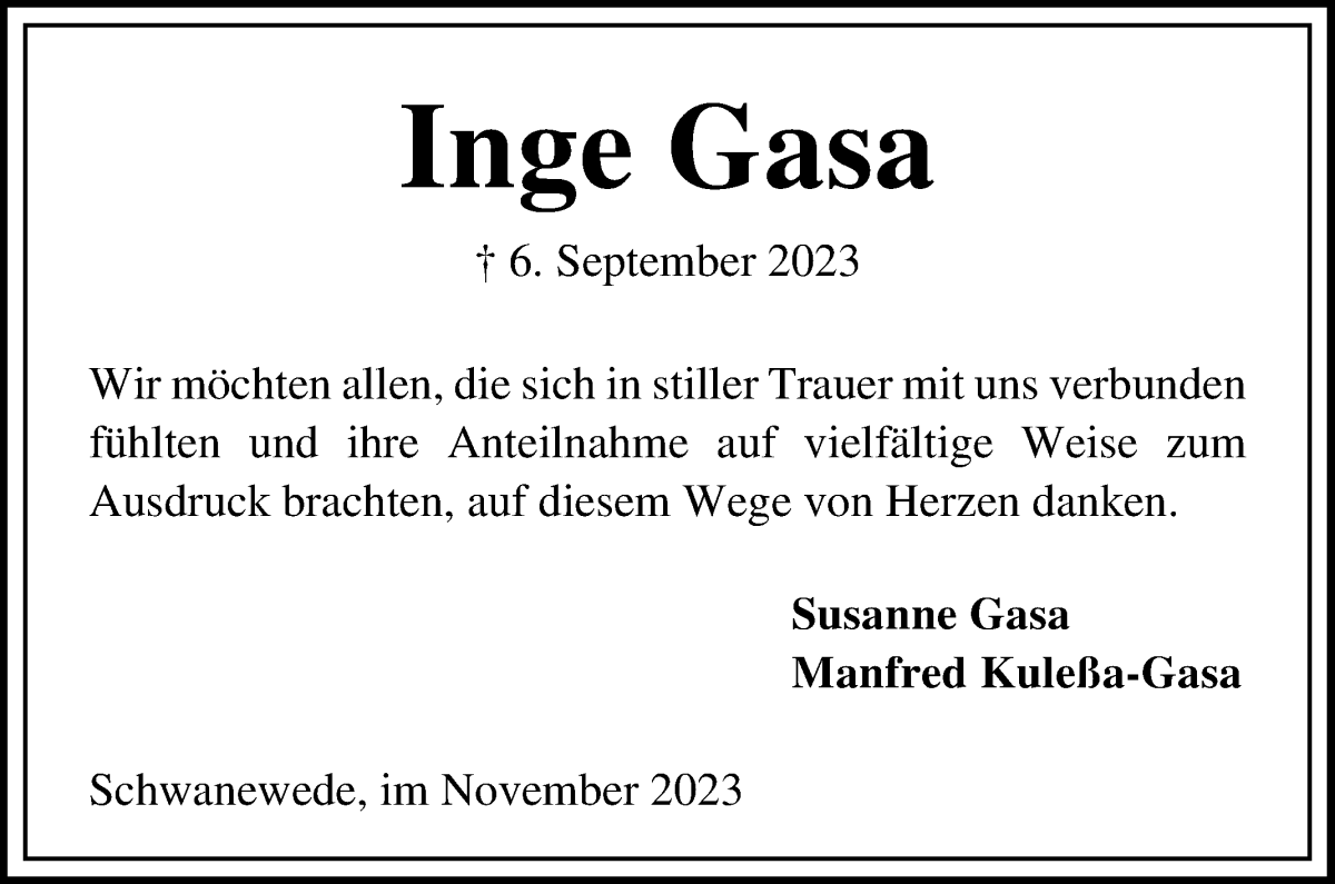 Traueranzeige von Inge Gasa von Die Norddeutsche