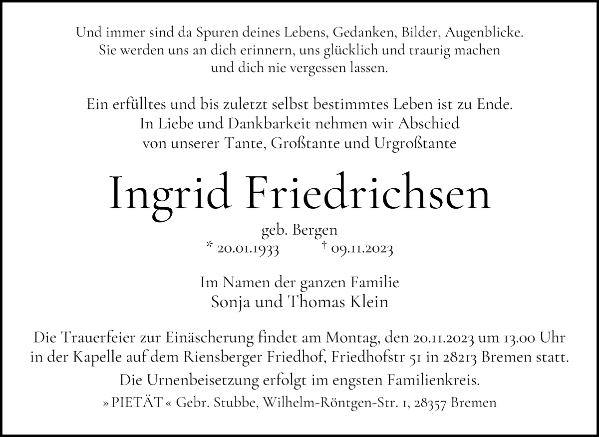 Traueranzeige von Ingrid Friedrichsen von WESER-KURIER