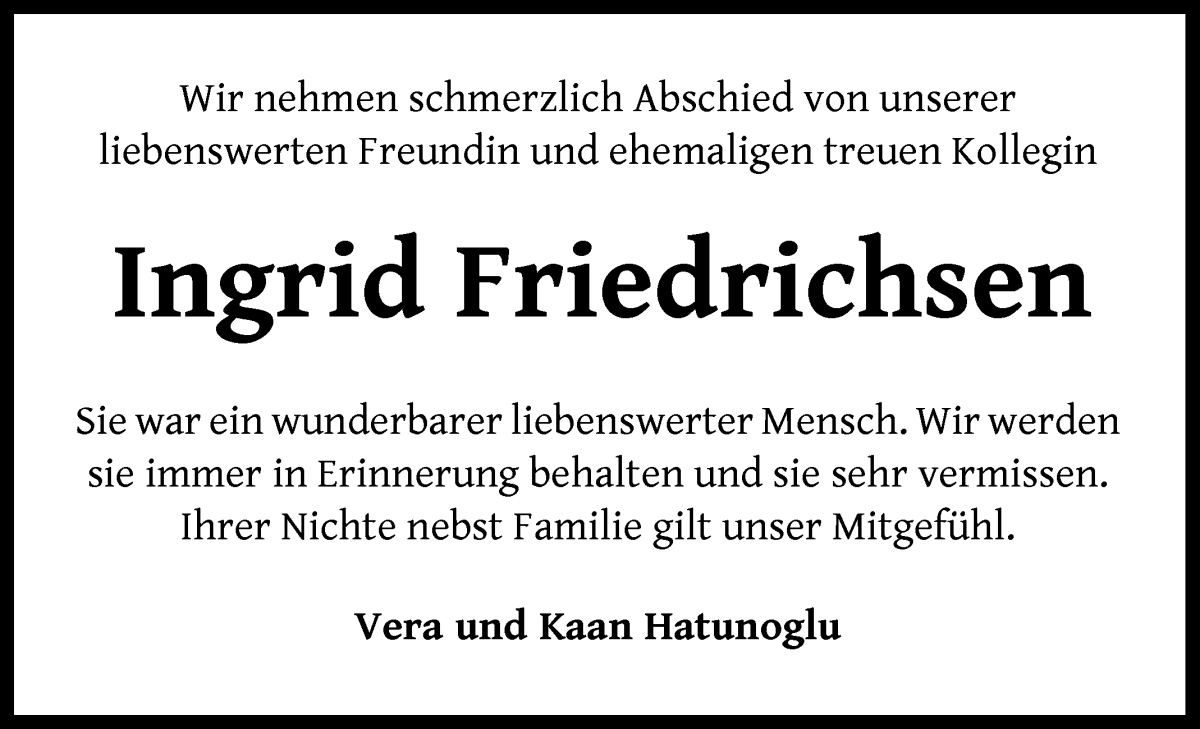 Traueranzeige von Ingrid Friedrichsen von WESER-KURIER