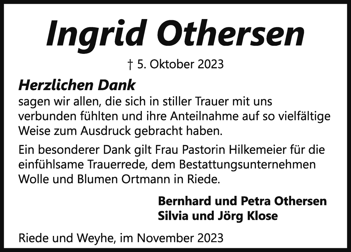 Traueranzeige von Ingrid Othersen von WESER-KURIER