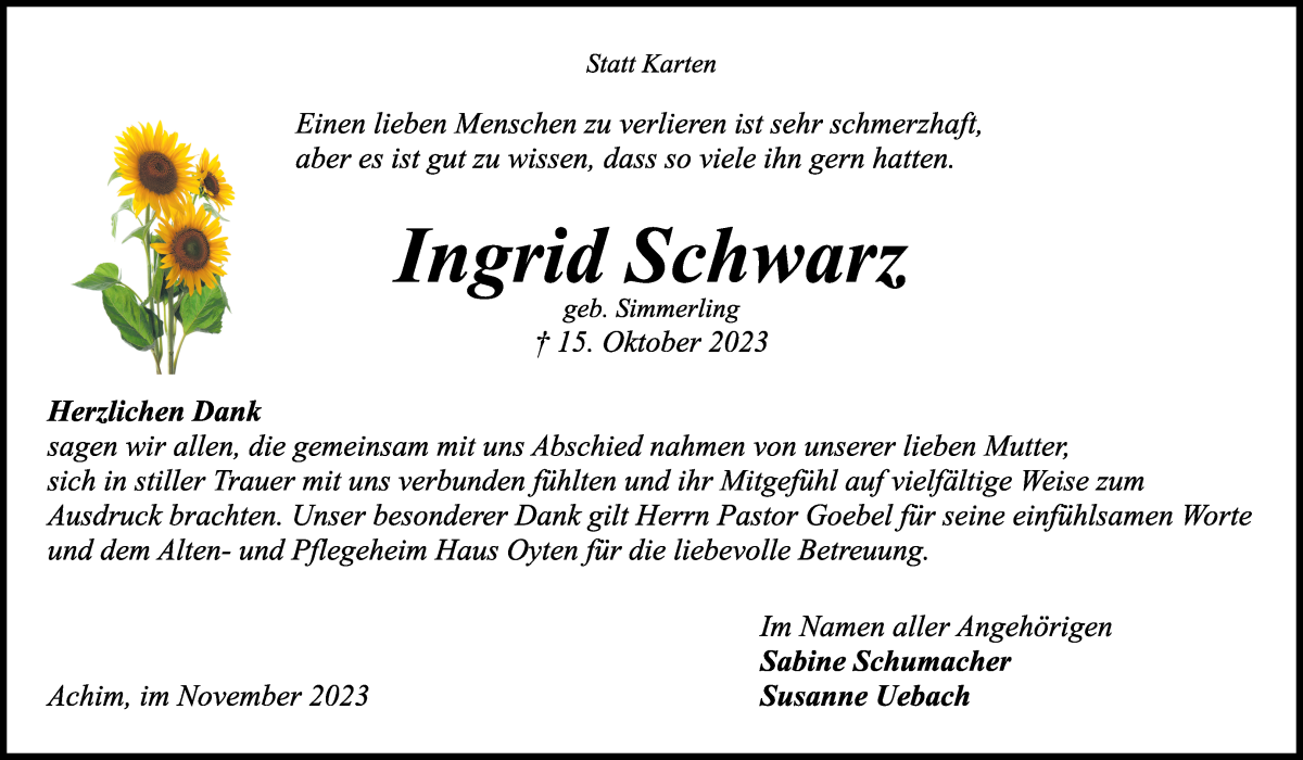 Traueranzeige von Ingrid Schwarz von Achimer Kurier/Verdener Nachrichten
