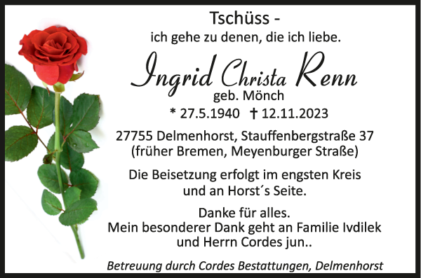 Traueranzeige von Ingrid Christa Renn von WESER-KURIER