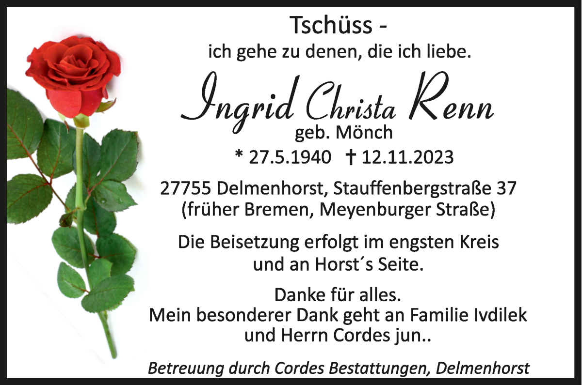 Traueranzeige von Ingrid Christa Renn von WESER-KURIER