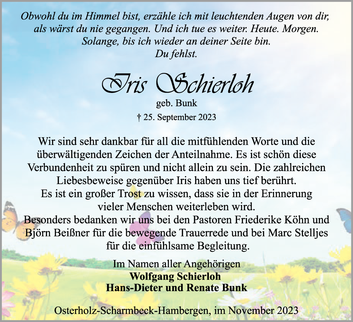 Traueranzeige von Iris Schierloh von Osterholzer Kreisblatt