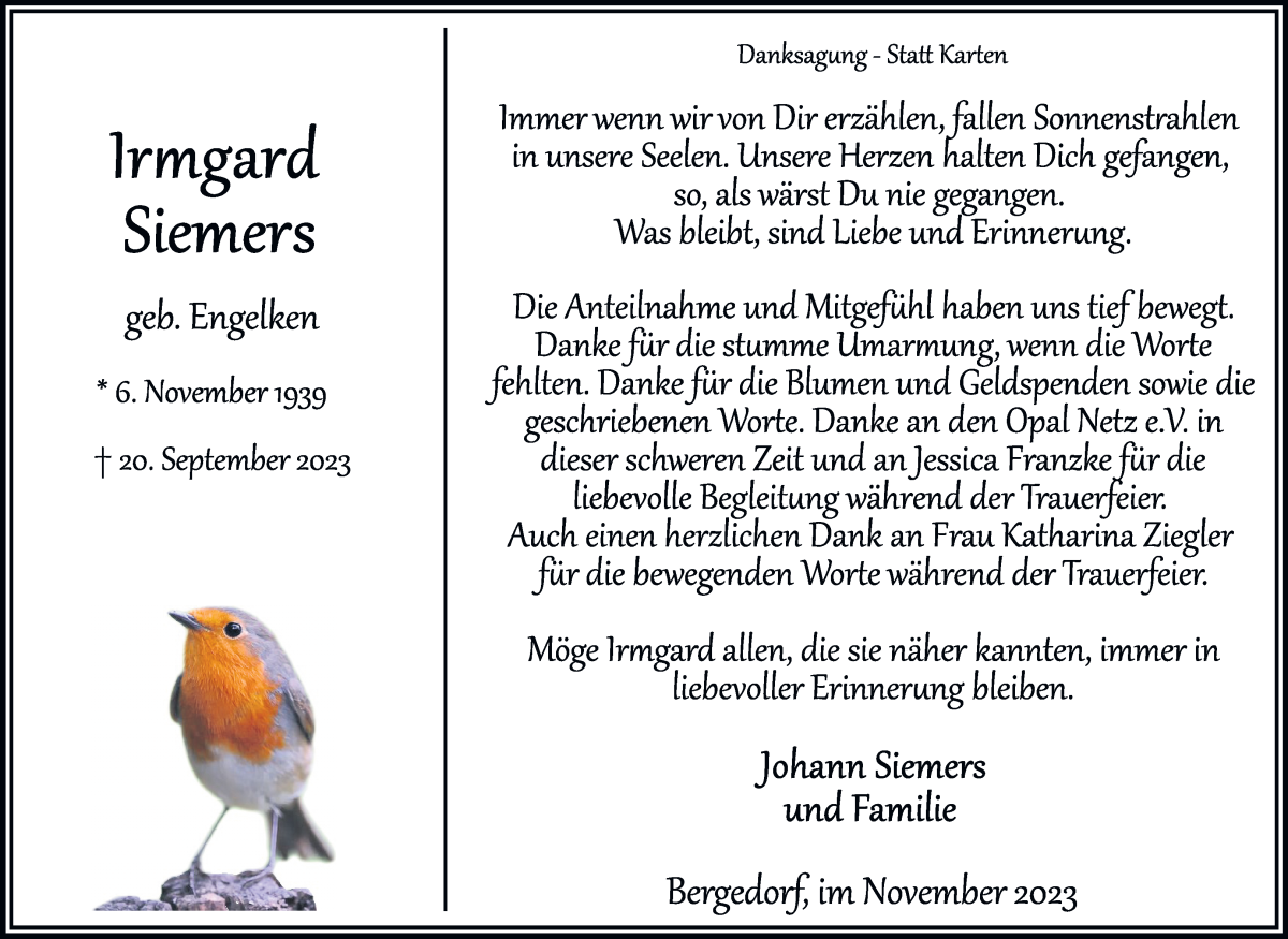 Traueranzeige von Irmgard Siemers von Wuemme Zeitung