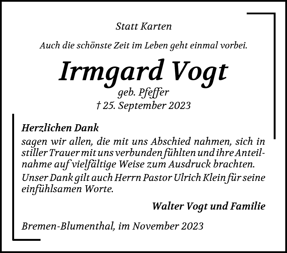 Traueranzeige von Irmgard Vogt von Die Norddeutsche