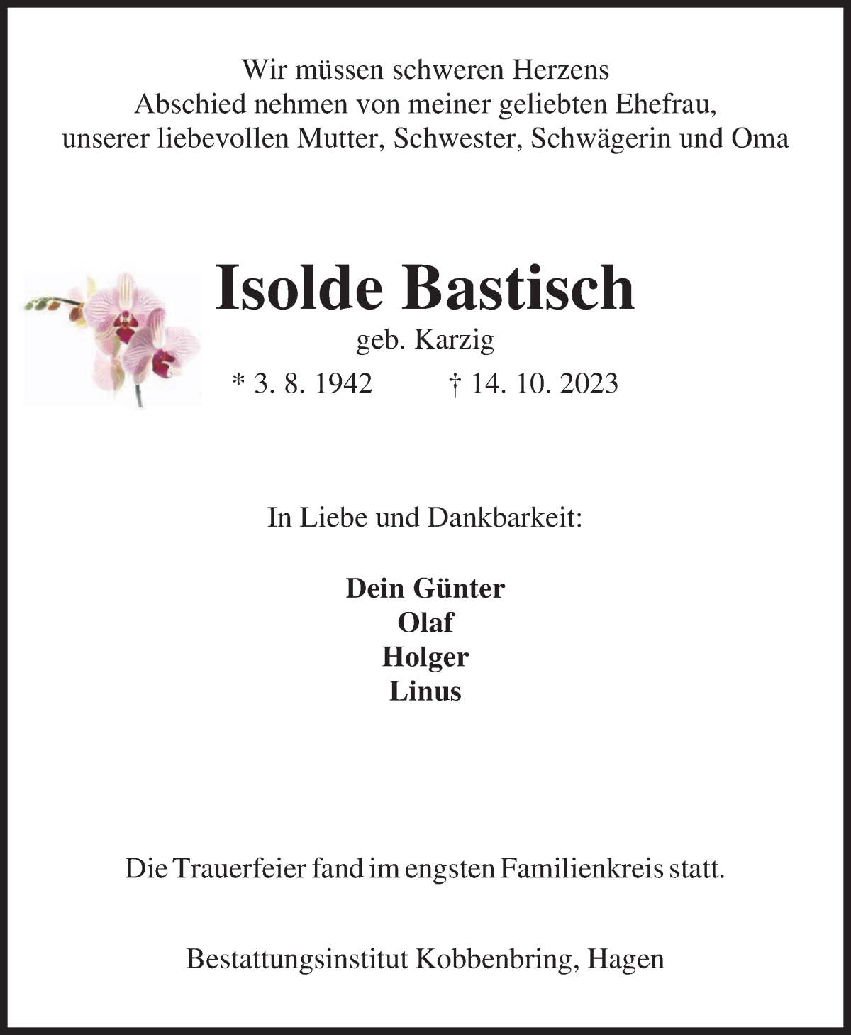 Traueranzeige von Isolde Bastisch von Osterholzer Kreisblatt