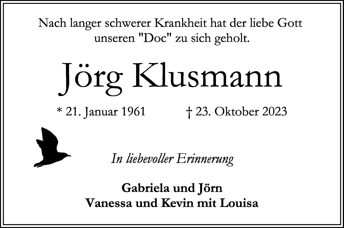 Traueranzeige von Jörg Klusmann von WESER-KURIER