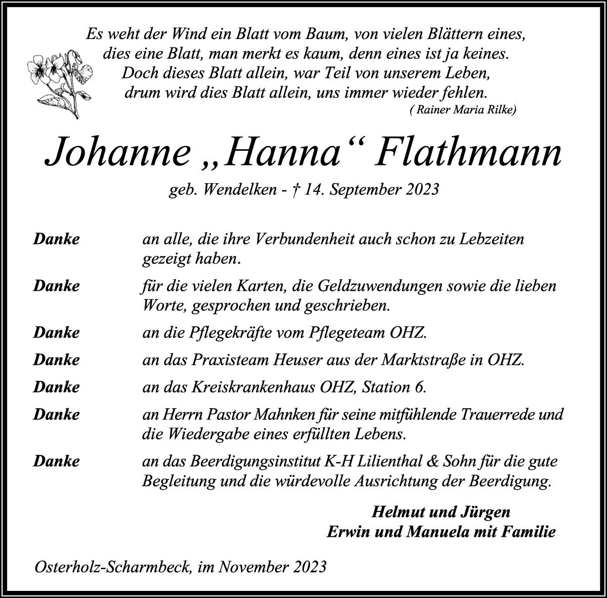 Traueranzeige von Johanne Flathmann von Osterholzer Kreisblatt