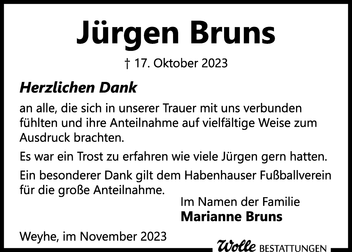 Traueranzeige von Jürgen Bruns von WESER-KURIER