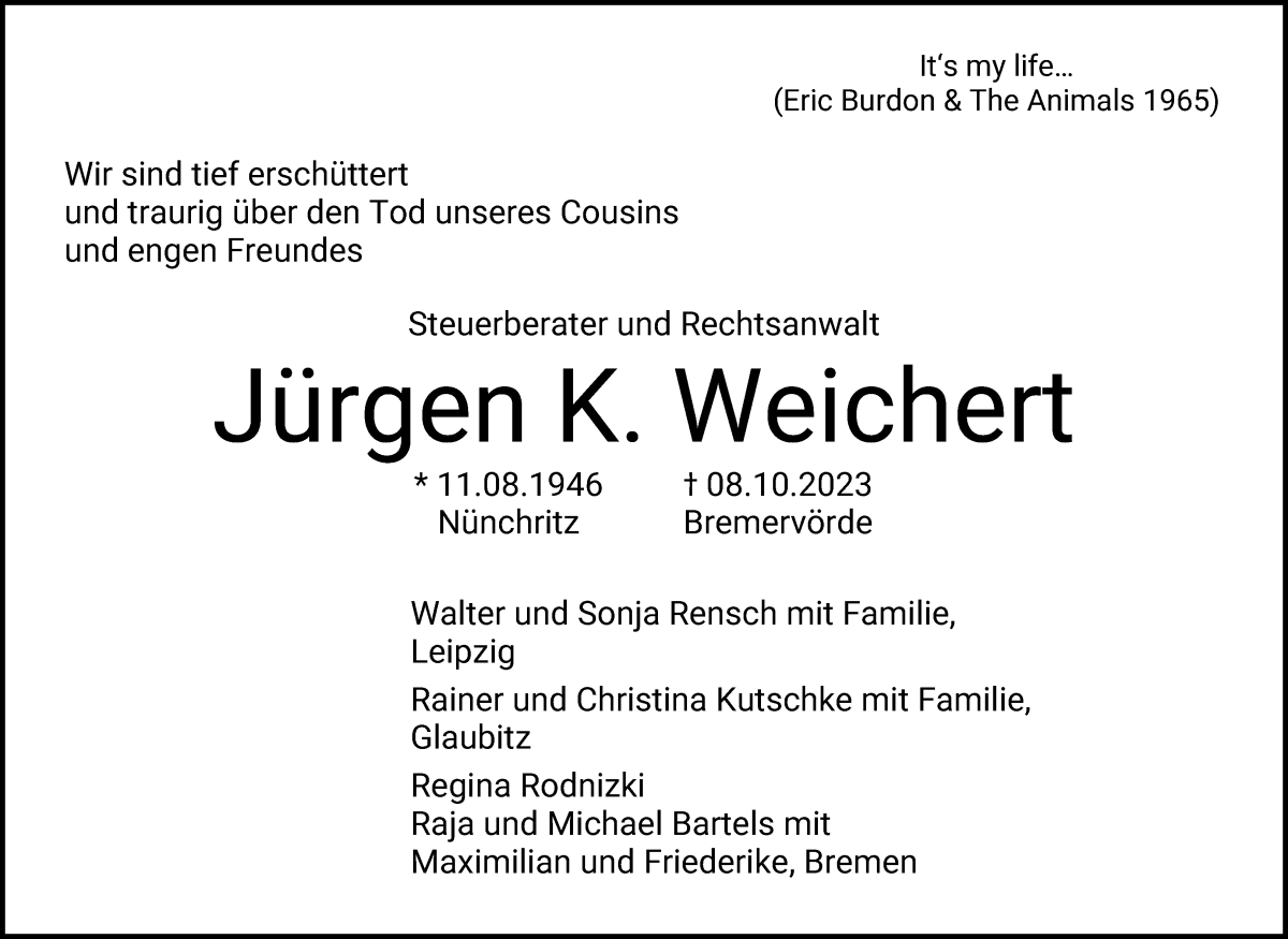 Traueranzeige von Jürgen K. Weichert von Die Norddeutsche