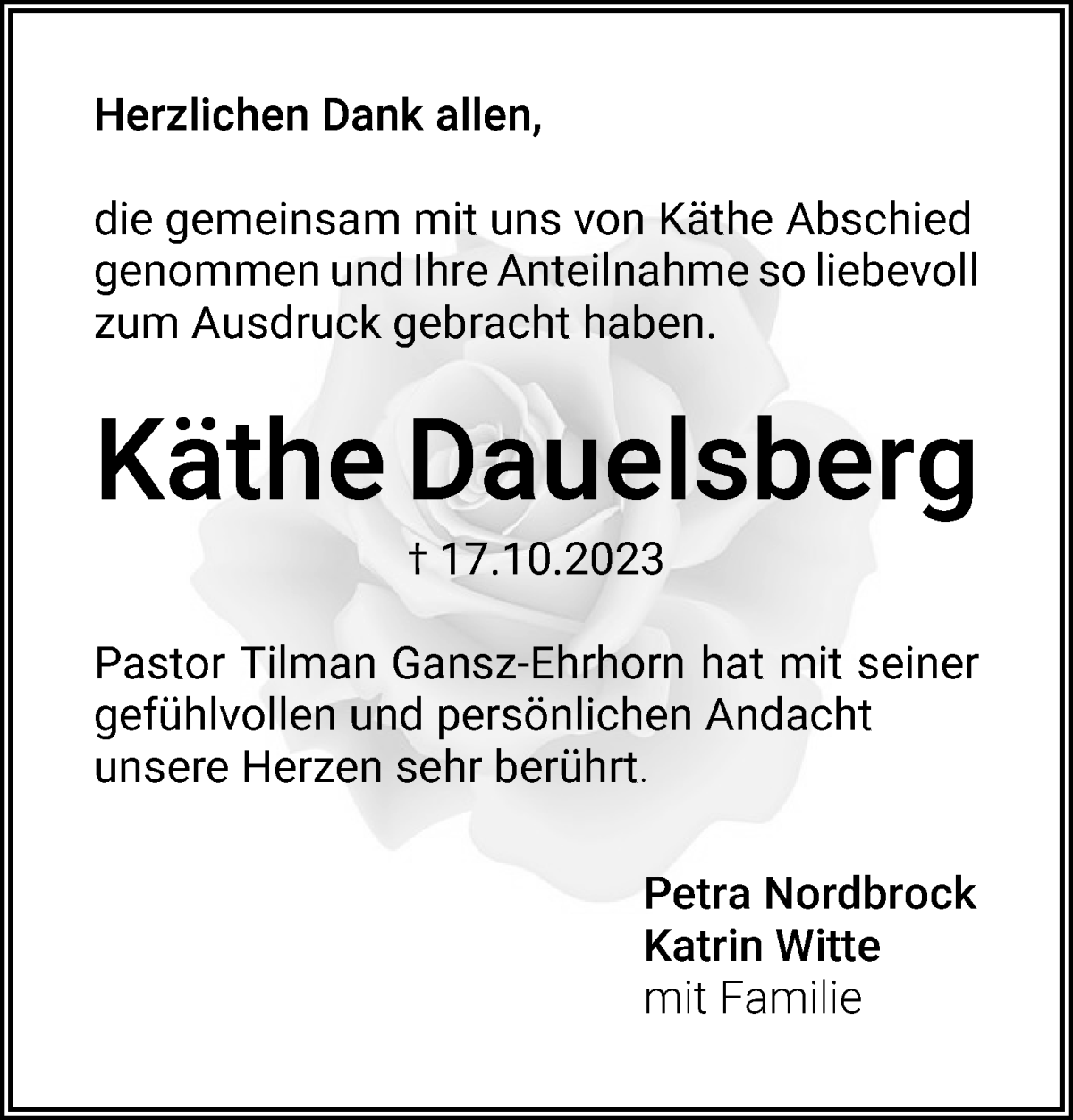 Traueranzeige von Käthe Dauelsberg von WESER-KURIER