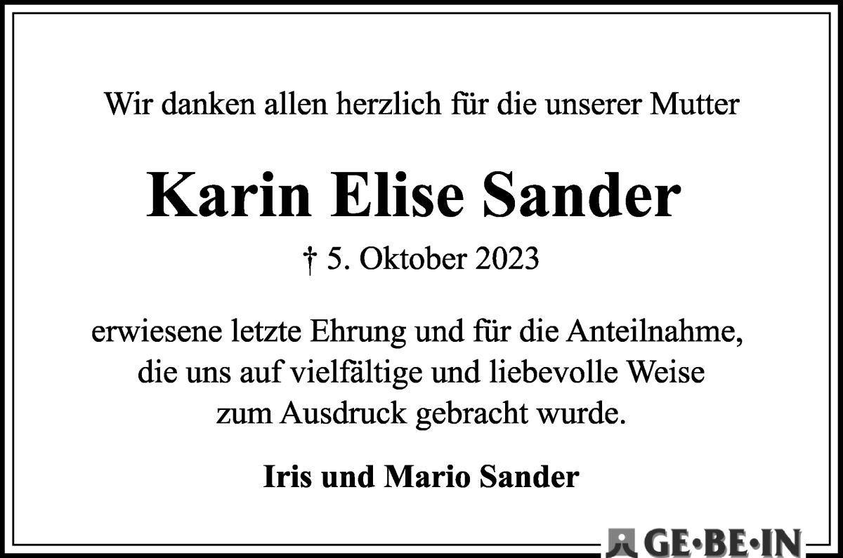 Traueranzeige von Karin Elise Sander von WESER-KURIER