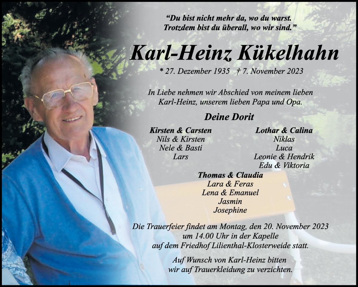 Traueranzeige von Karl-Heinz Kükelhahn von WESER-KURIER