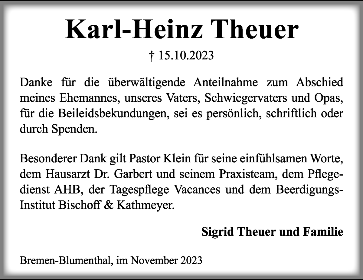 Traueranzeige von Karl-Heinz Theuer von Die Norddeutsche