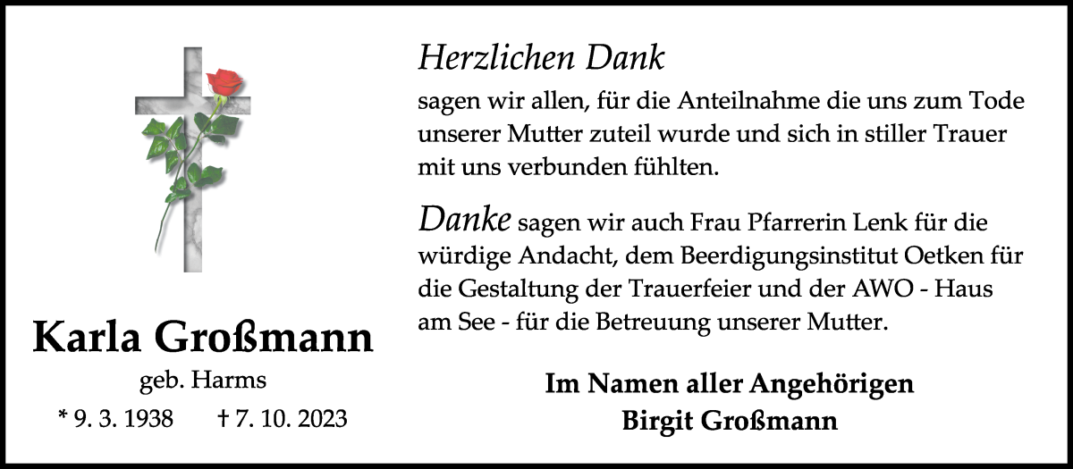 Traueranzeige von Karla Großmann von Die Norddeutsche