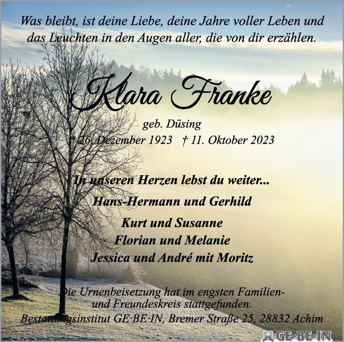 Traueranzeige von Klara Franke von WESER-KURIER