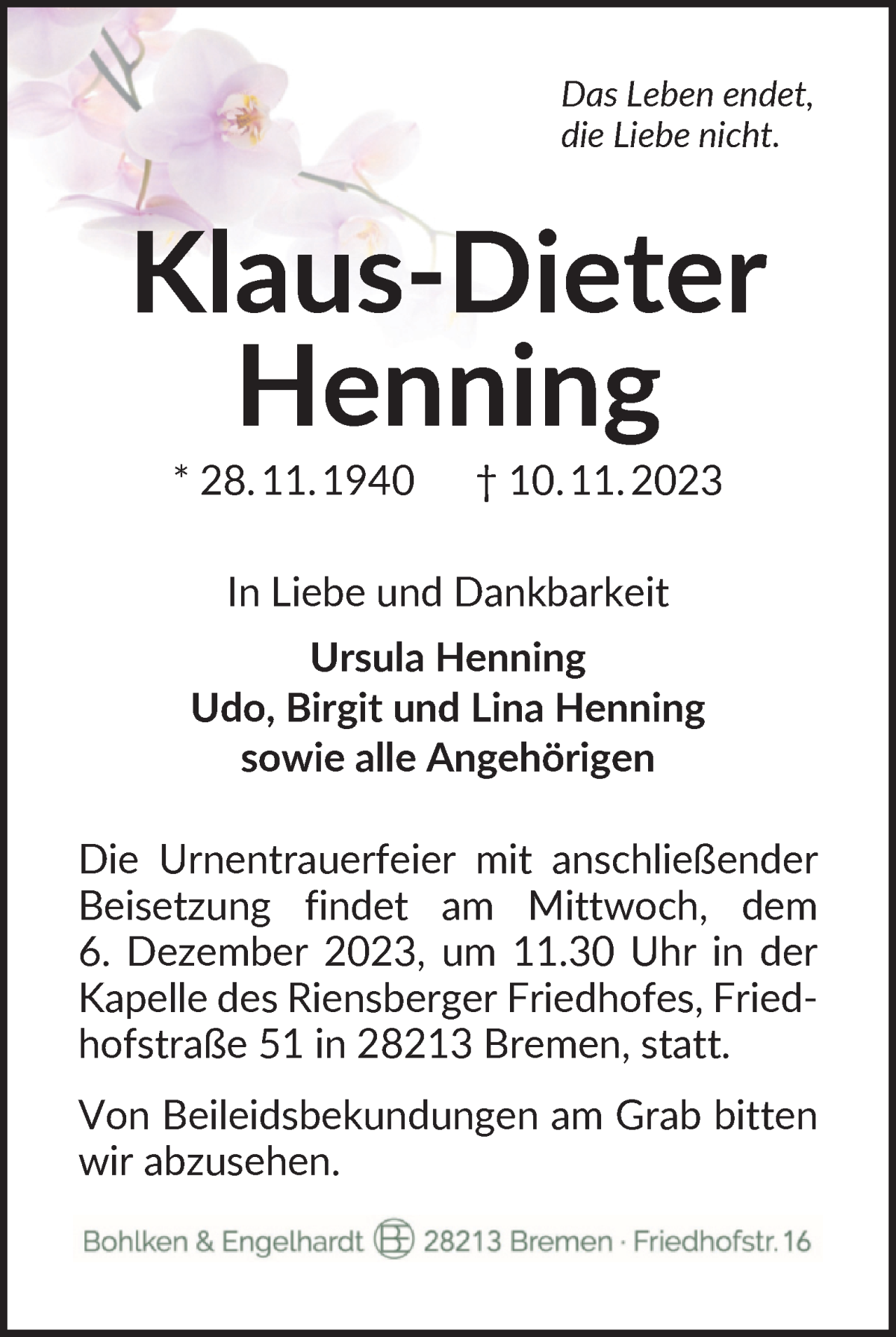 Traueranzeige von Klaus-Dieter Henning von WESER-KURIER