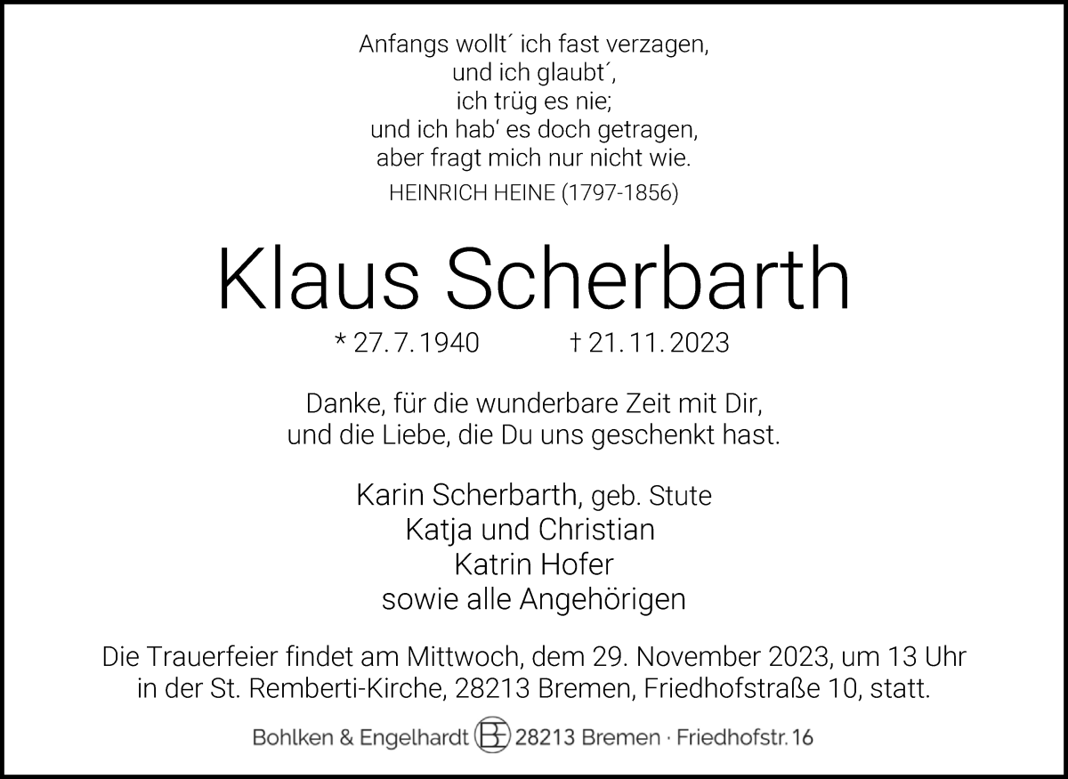 Traueranzeige von Klaus Scherbarth von WESER-KURIER