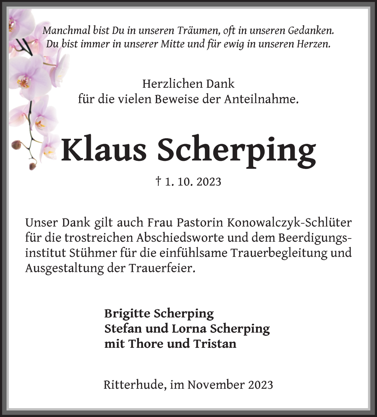 Traueranzeige von Klaus Scherping von Die Norddeutsche