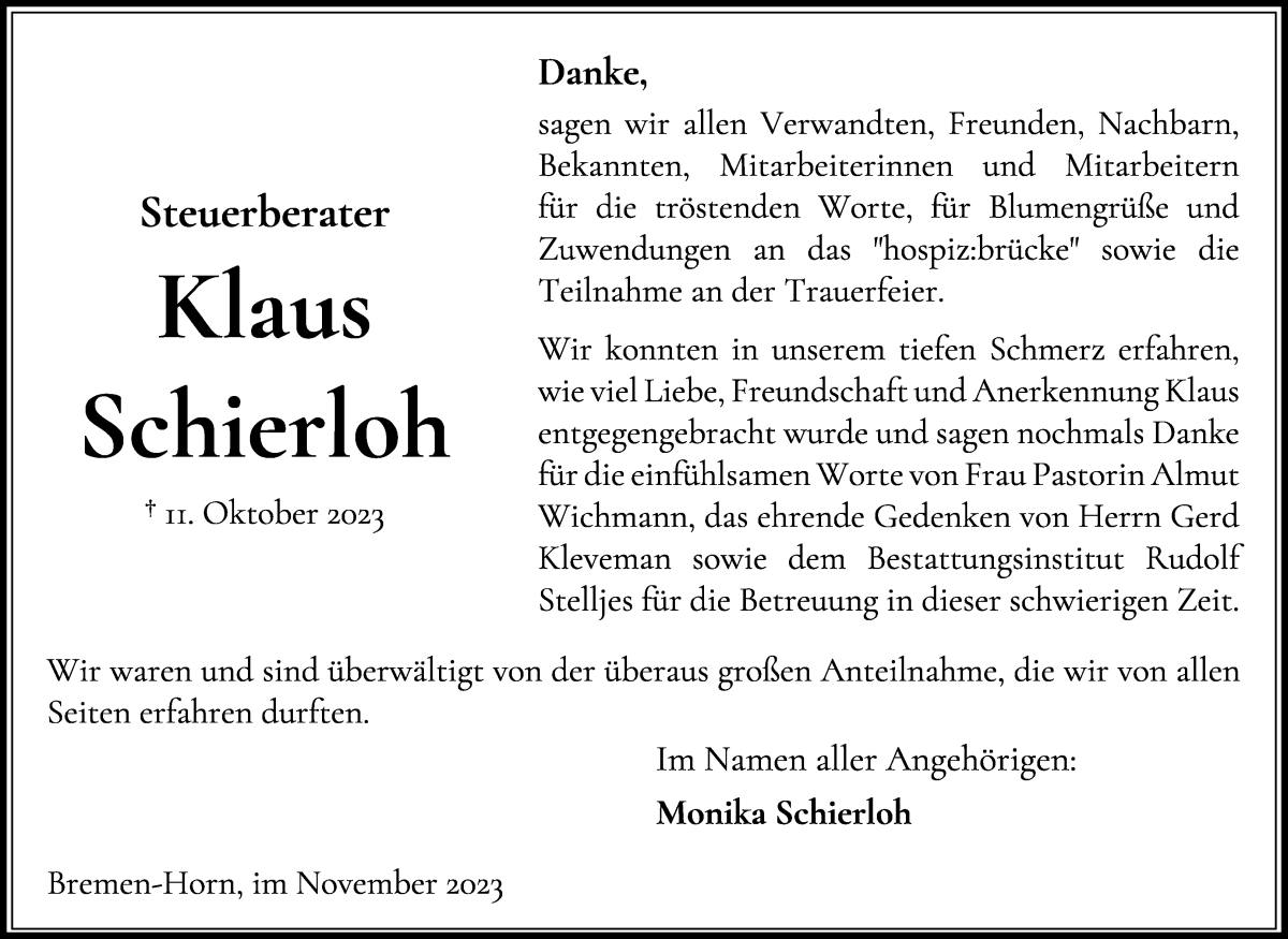 Traueranzeige von Klaus Schierloh von WESER-KURIER
