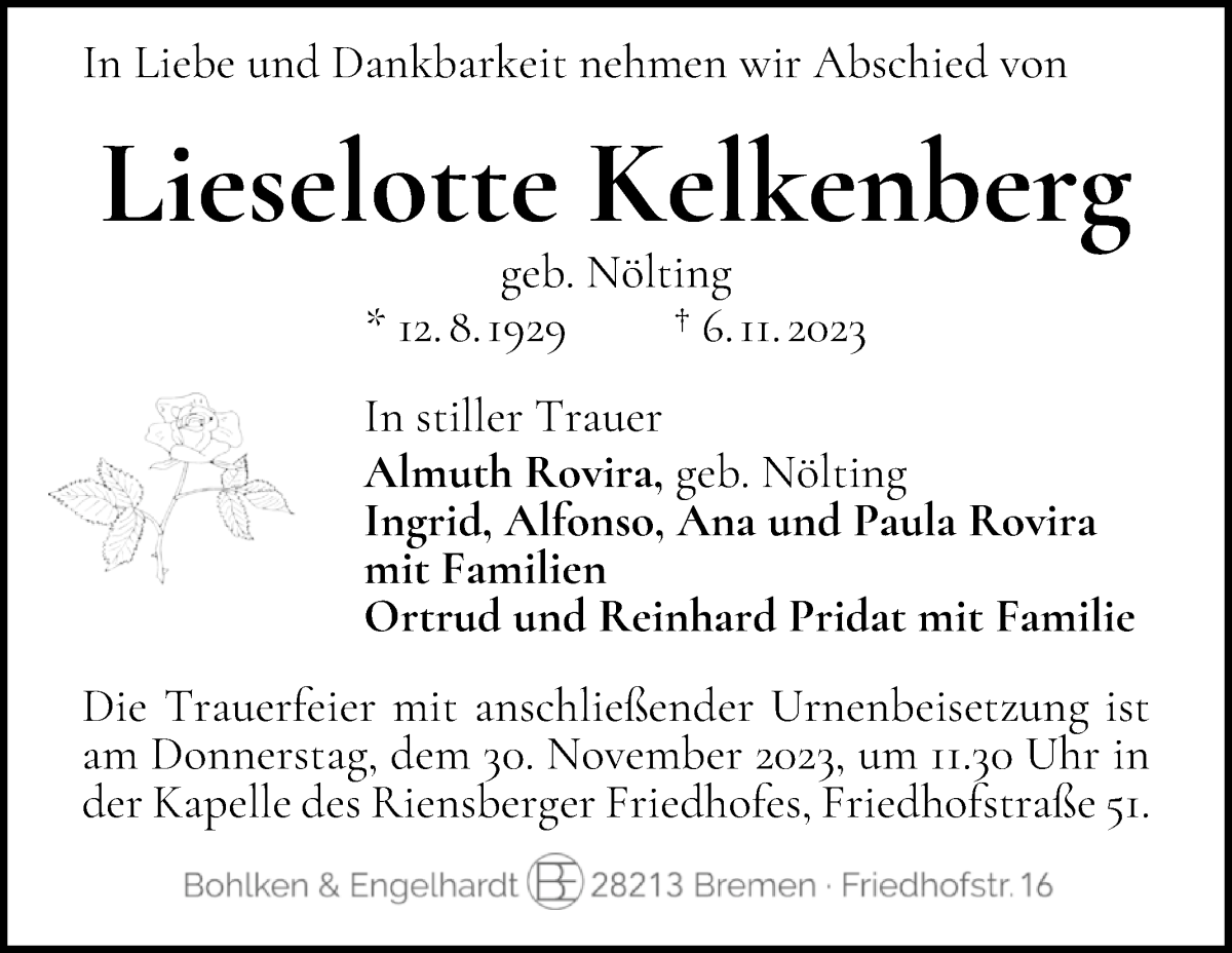 Traueranzeige von Lieselotte Kelkenberg von WESER-KURIER