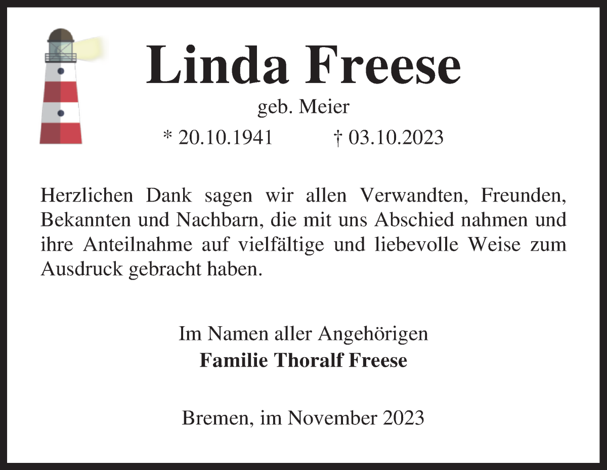 Traueranzeige von Linda Freese von WESER-KURIER