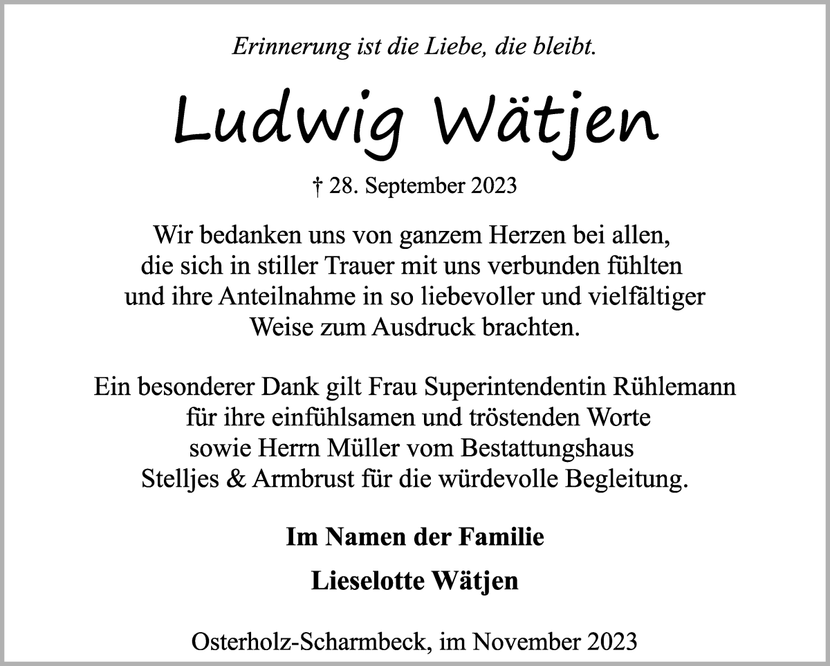 Traueranzeige von Ludwig Wätjen von Osterholzer Kreisblatt