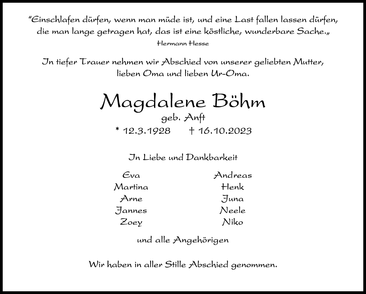Traueranzeige von Magdalene Böhm von WESER-KURIER