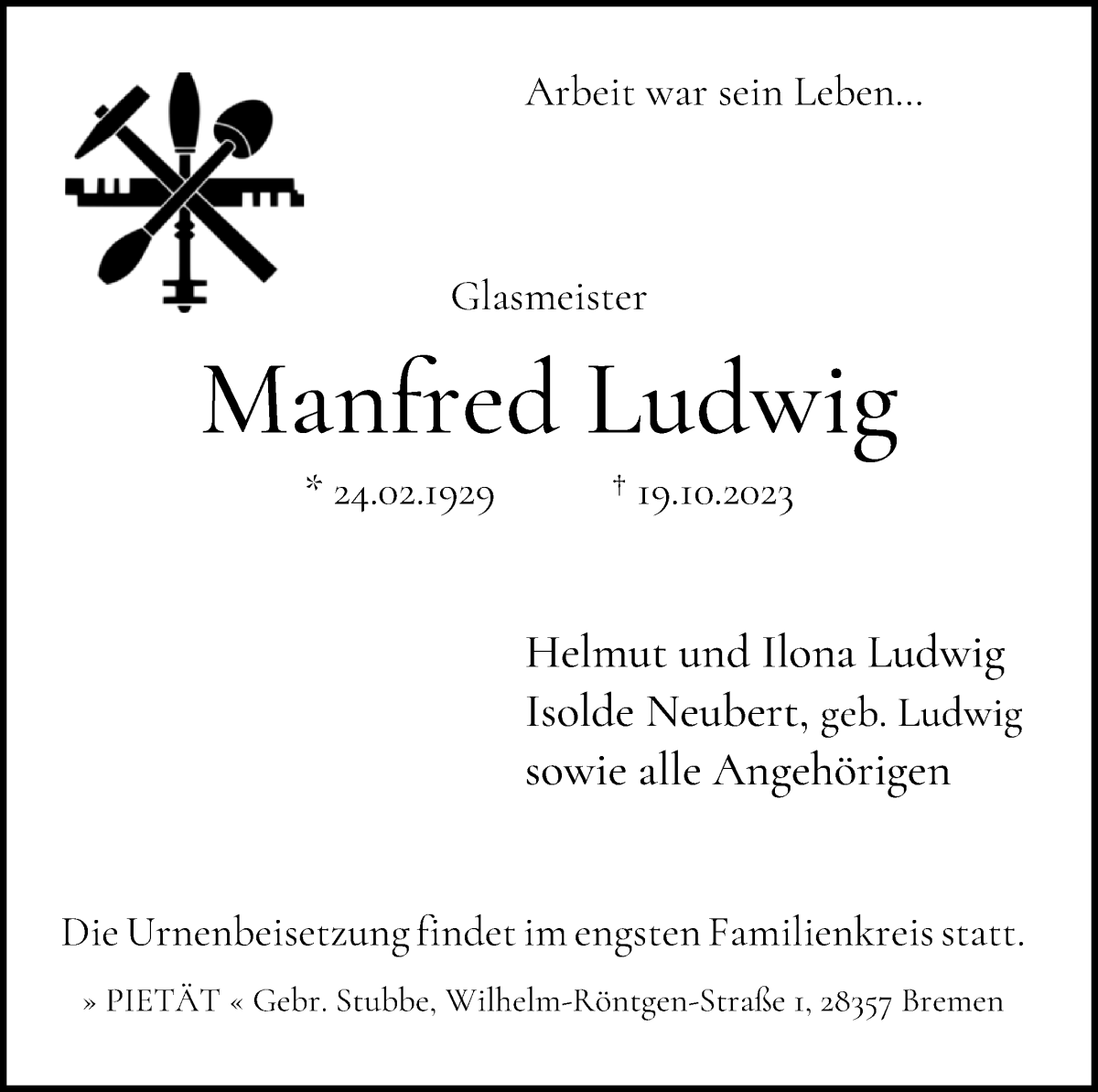 Traueranzeige von Manfred Ludwig von WESER-KURIER