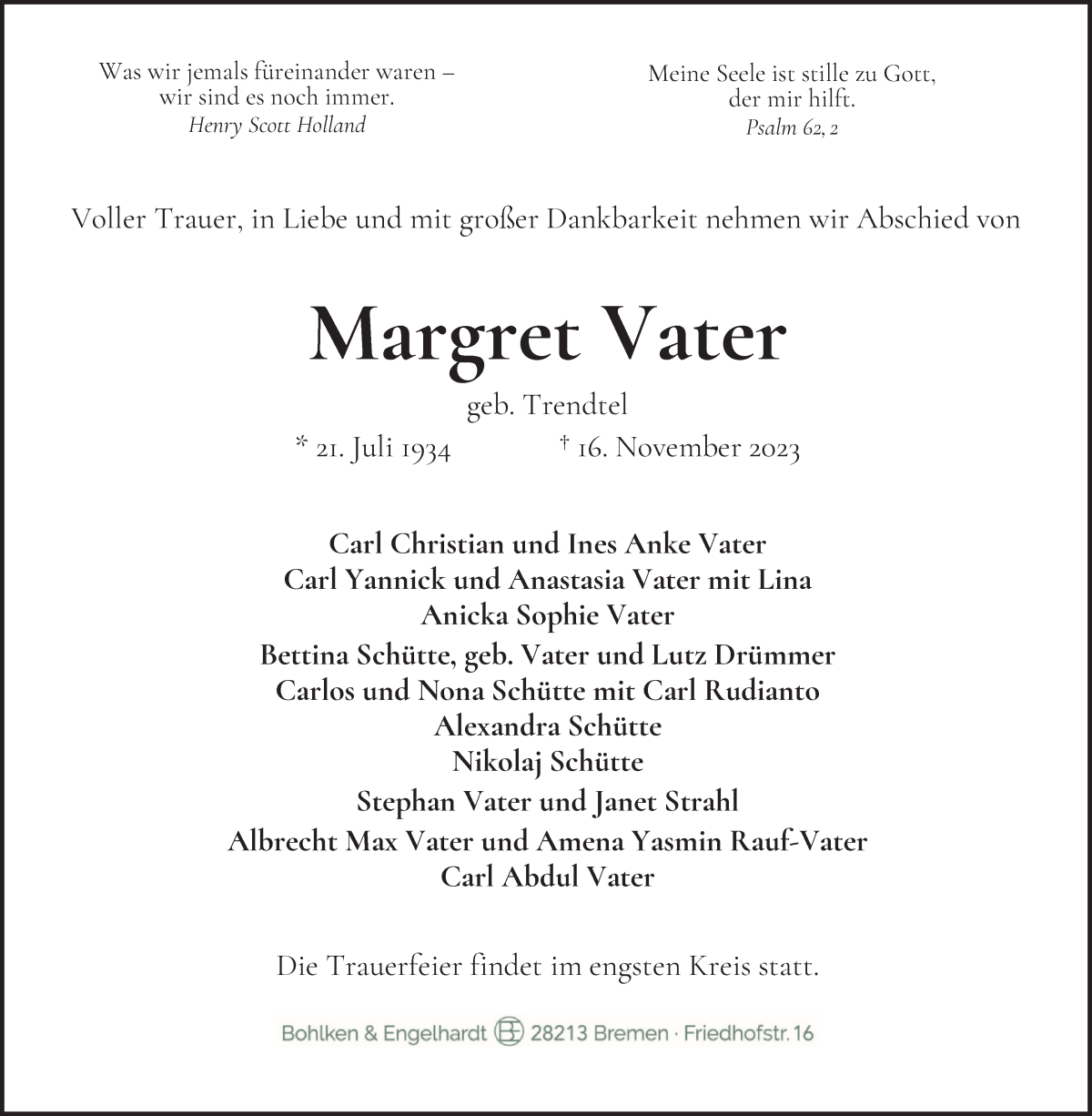 Traueranzeige von Margret Vater von WESER-KURIER