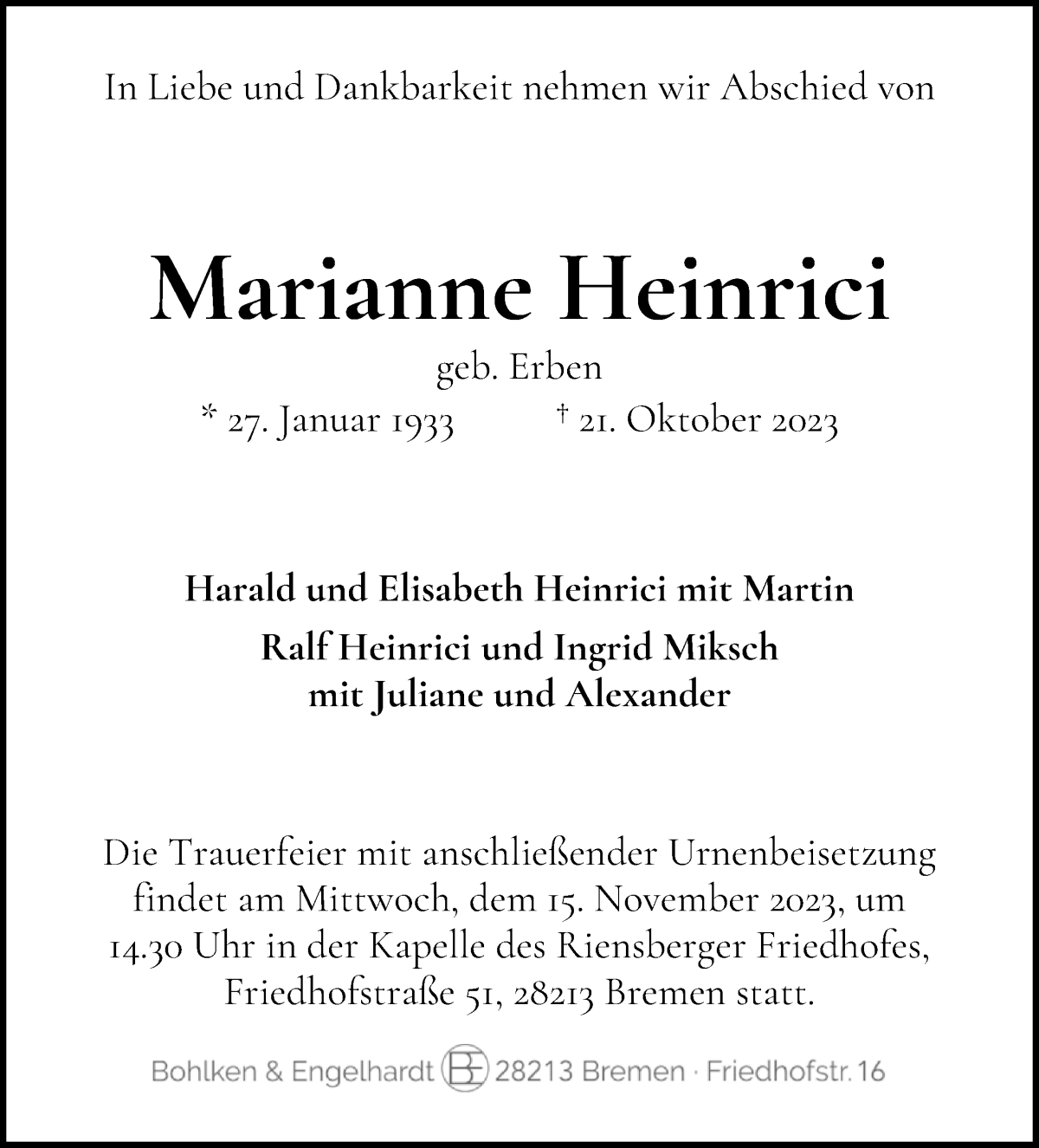 Traueranzeige von Marianne Heinrici von WESER-KURIER
