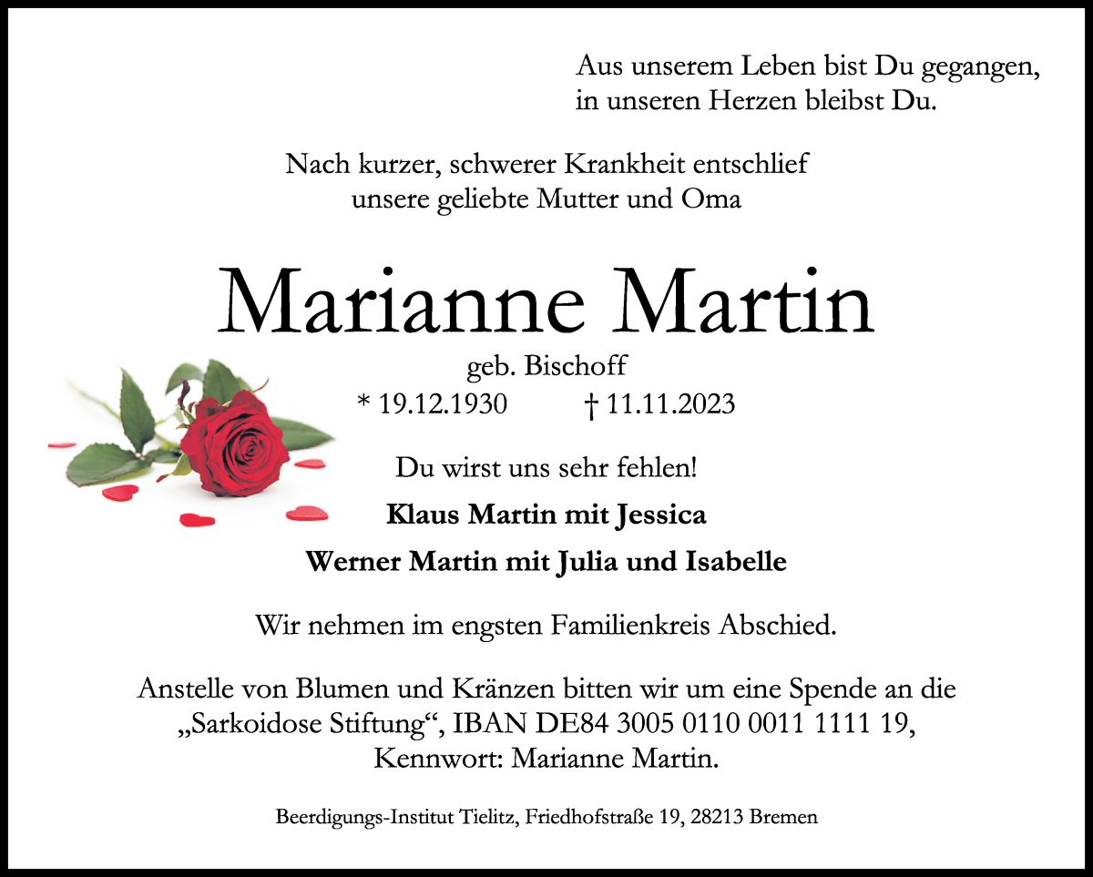 Traueranzeige von Marianne Martin von WESER-KURIER