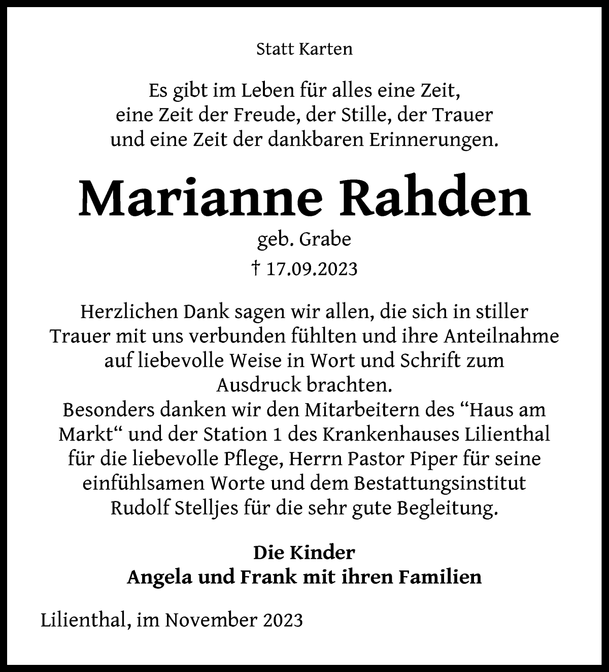 Traueranzeige von Marianne Rahden von Wuemme Zeitung