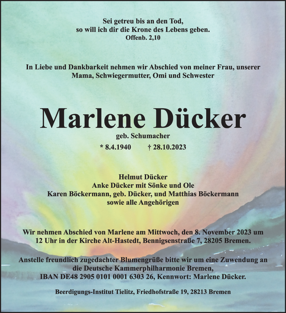 Traueranzeige von Marlene Dücker von WESER-KURIER