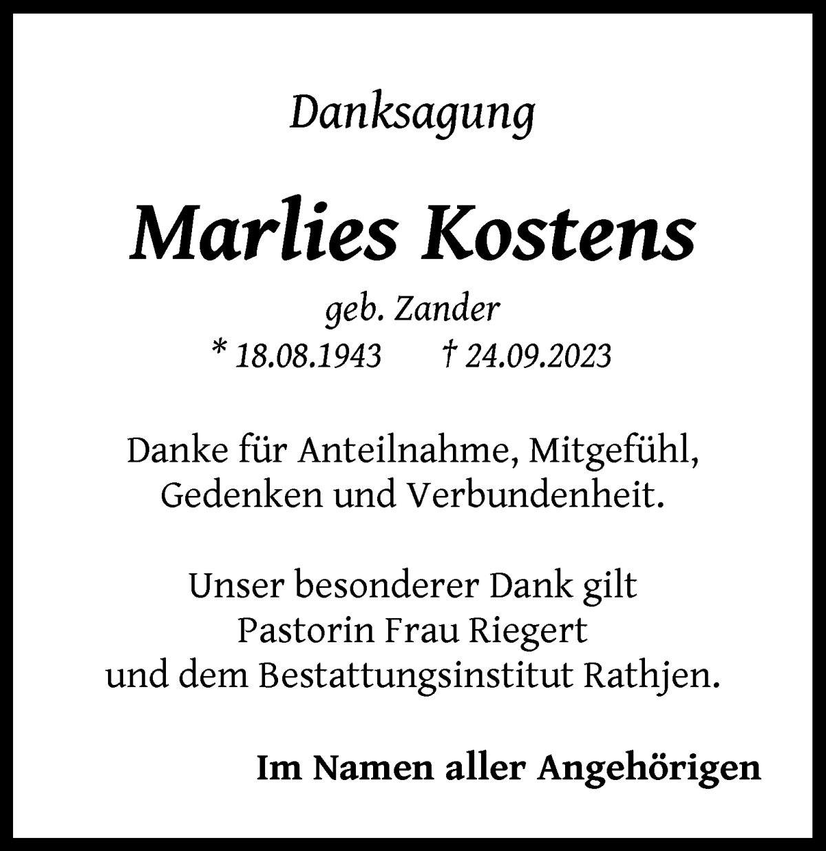 Traueranzeige von Marlies Kostens von Osterholzer Kreisblatt