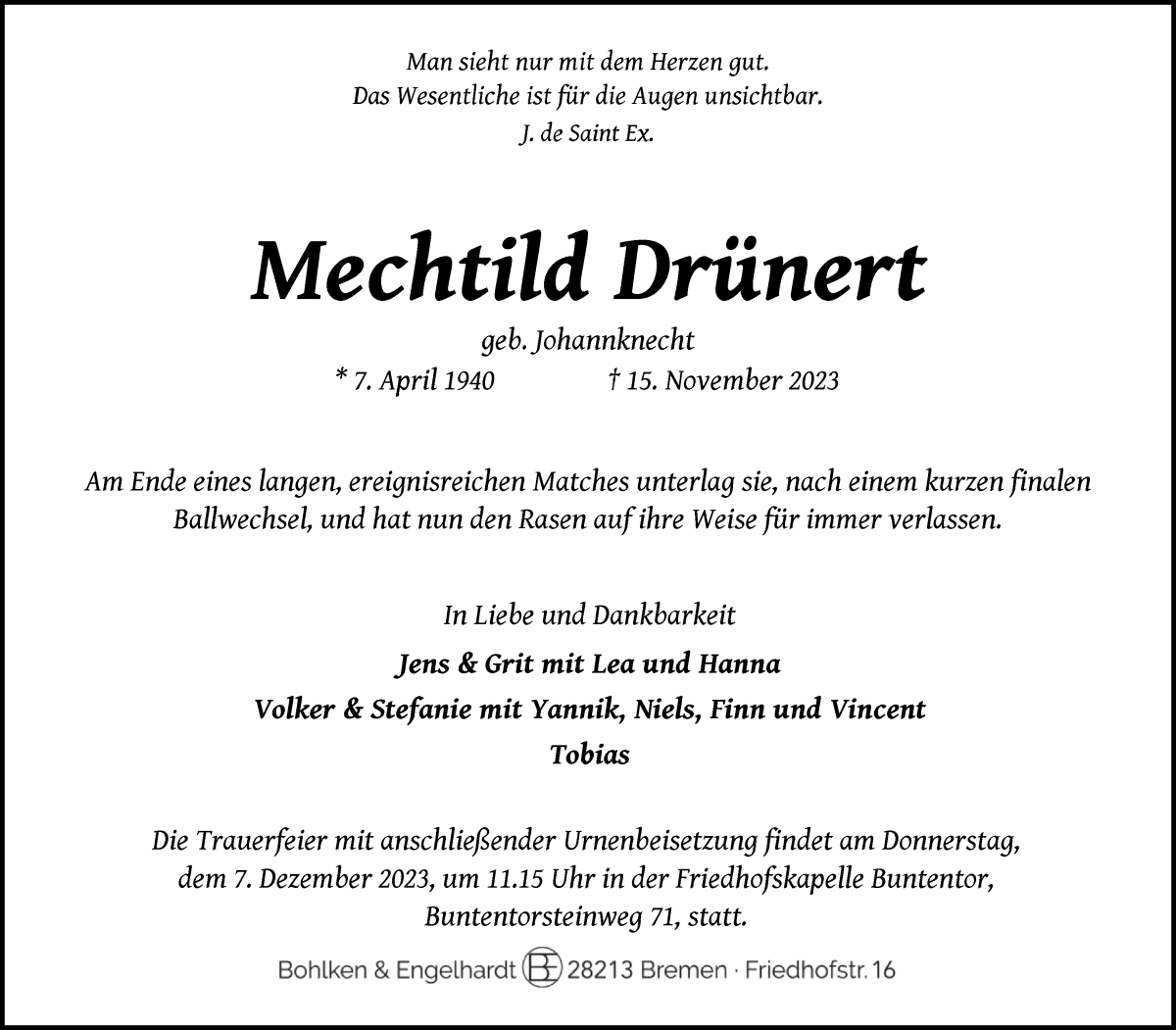 Traueranzeige von Mechtild Drünert von WESER-KURIER