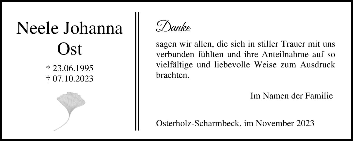 Traueranzeige von Neele Johanna Ost von Osterholzer Kreisblatt